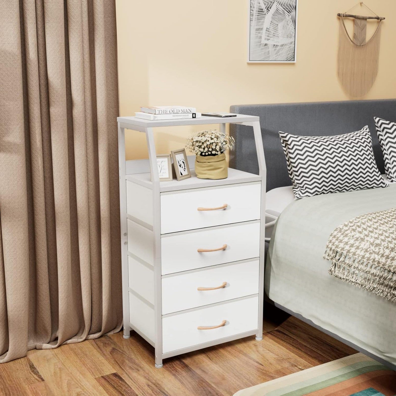 4 Drawers Dresser Vertical Storage Tower Nightstand Bedside Table Wood Top