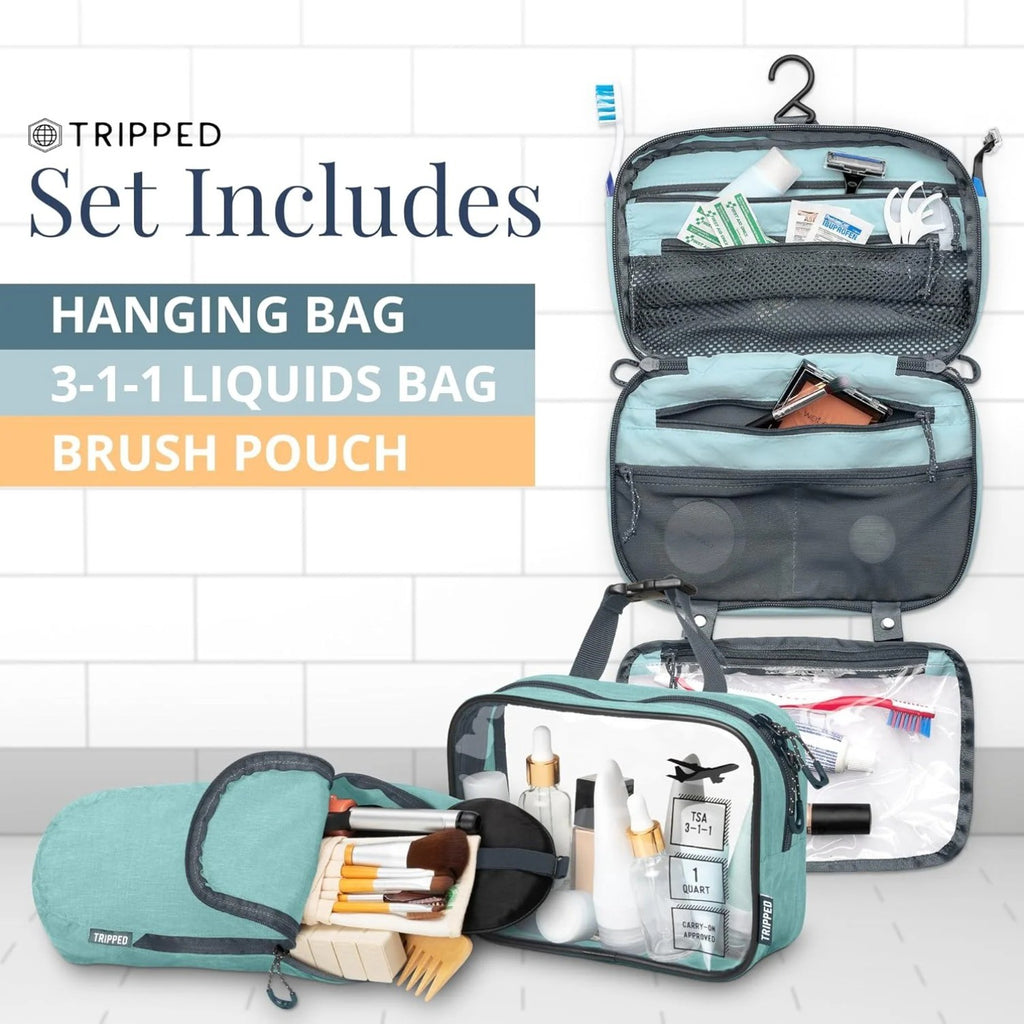 Travel Gear 3-Piece Hanging Travel Toiletry Bag Set with TSA Pouch, Dusty Teal