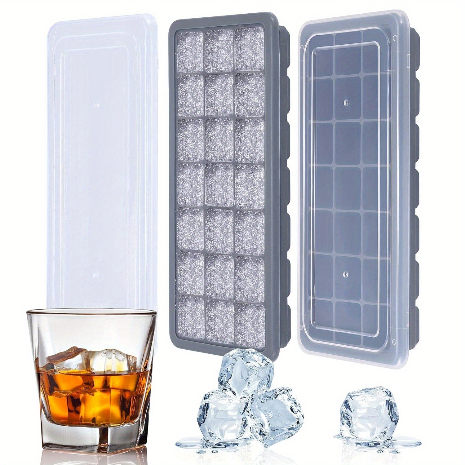 2 Pack Silicone Ice Cube Trays w/ Lid - 21 Cavity Ice Mold Cocktail Coffee Drink