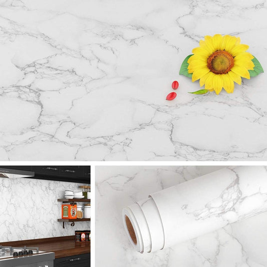 36 x197'' Wide Thick White Marble Contact Paper for Countertops Peel & Stick