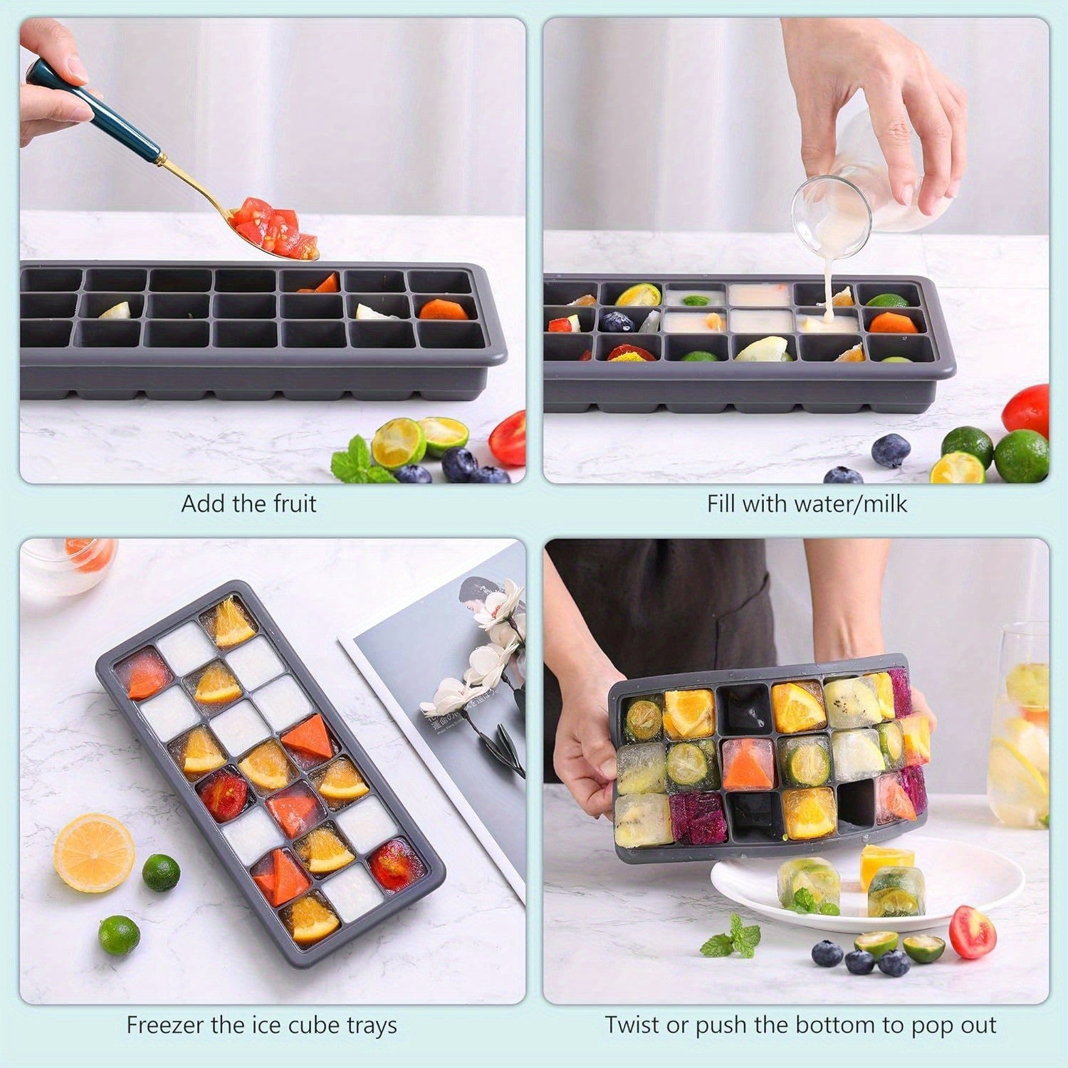 2 Pack Silicone Ice Cube Trays w/ Lid - 21 Cavity Ice Mold Cocktail Coffee Drink