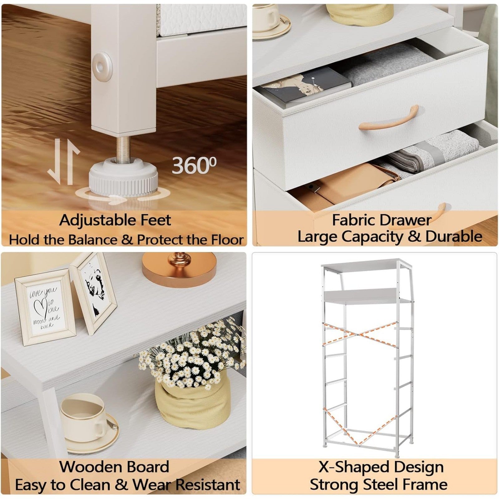 4 Drawers Dresser Vertical Storage Tower Nightstand Bedside Table Wood Top
