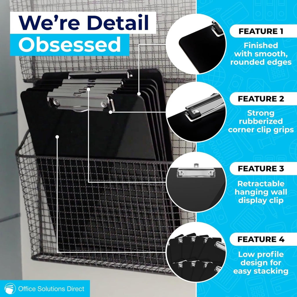Set of 6 Black Plastic Clipboards-12.5x9 Inch Clipboard Holds 100 Sheets