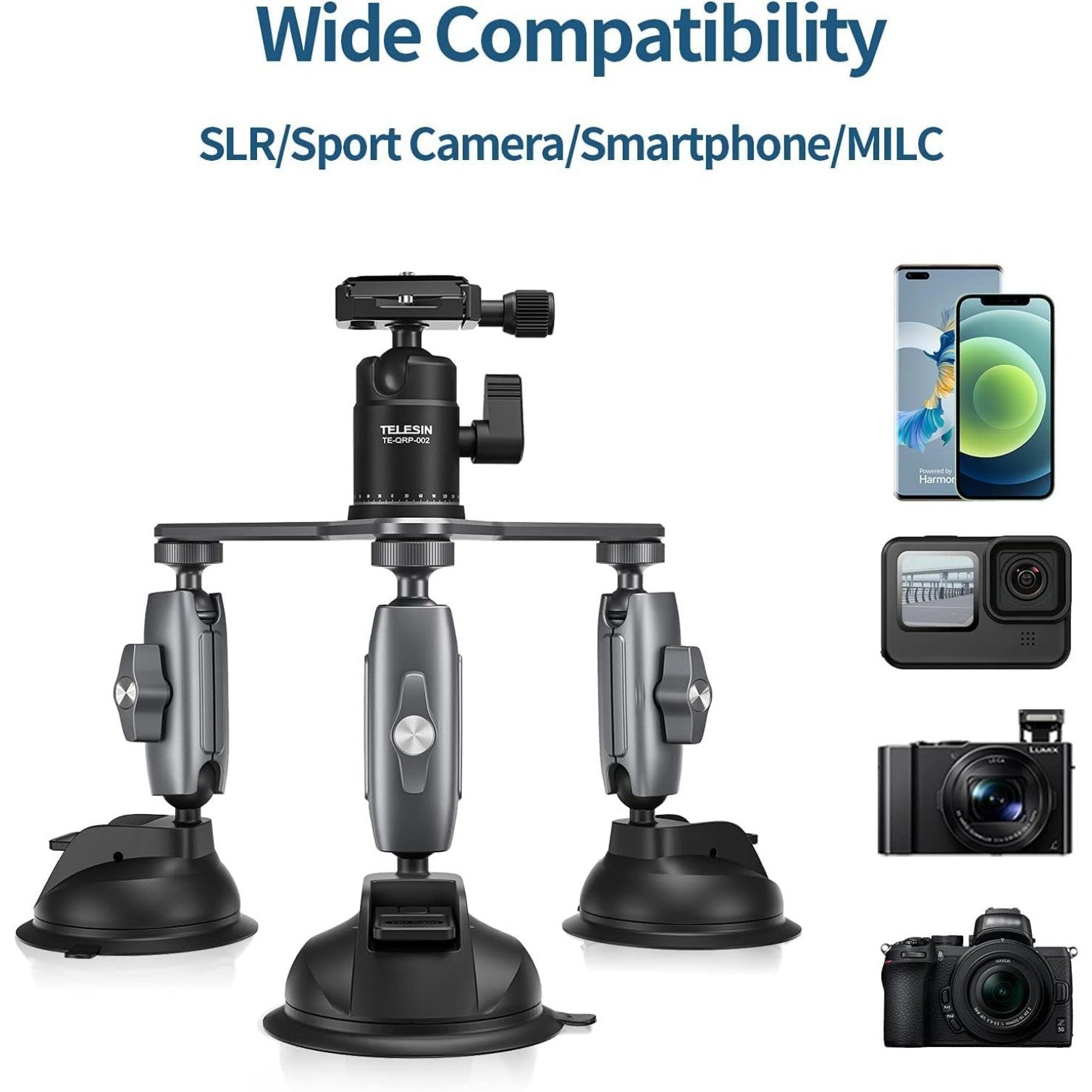 Triple Suction Cup Car Mount with 360 Ball Head for GoPro 13 Insta360 X5 DJI
