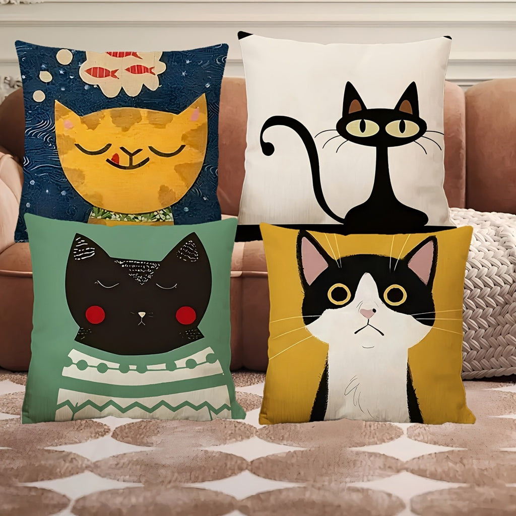 4 Pcs 18*18 Inch Cat Lover Pillowcases,Plush Polyester Cushion Cases with Zipper