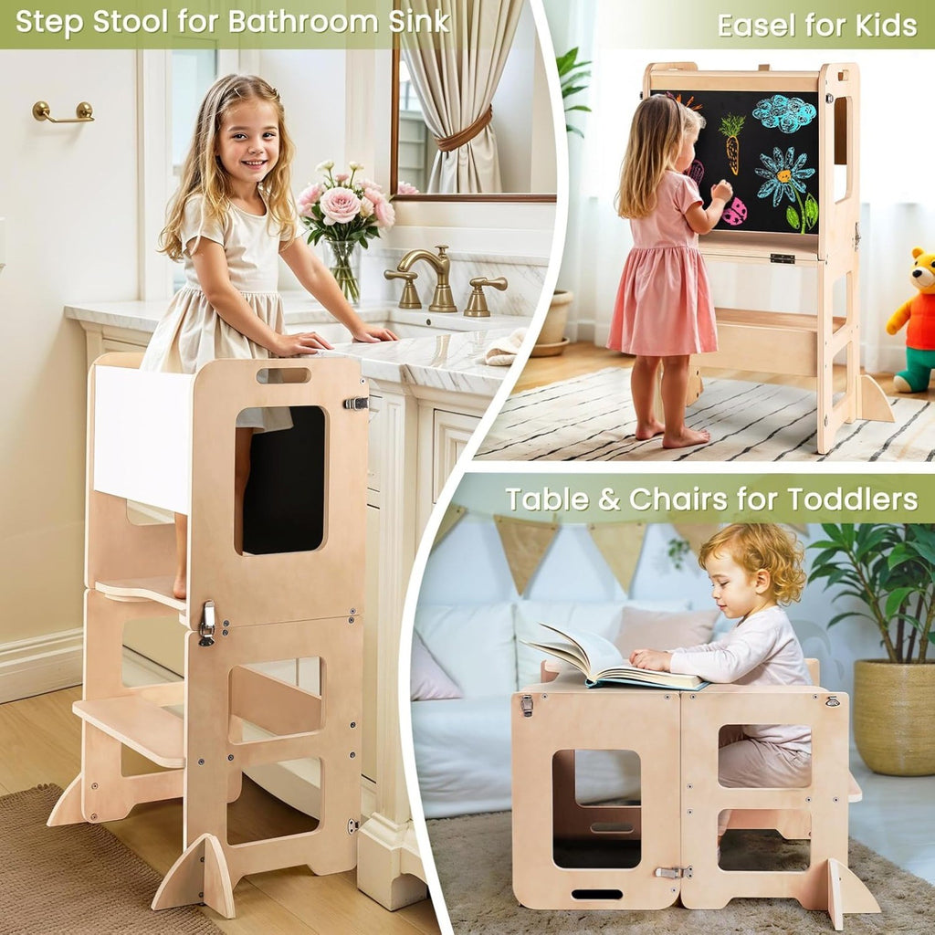 4-in-1 Toddler Kitchen Step Stool, Learning Standing Tower with Chalkboard